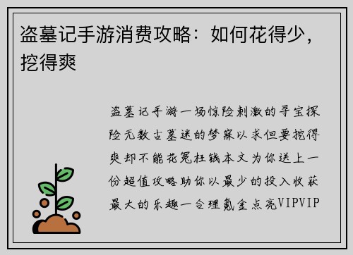 盗墓记手游消费攻略：如何花得少，挖得爽